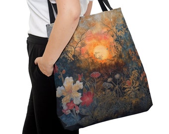 Sunset Flora Fantasy Tote Bag, Nature Lover Gift Eco-Friendly Canvas Stylish Book Beach Bag, Reusable Market Tote, #SHP1710