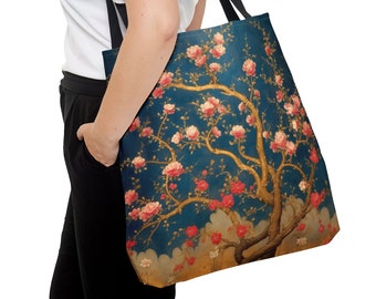 Blossoming Elegance Tote Bag, Floral Enthusiast Gift Stylish Eco-Friendly Canvas Market Book Bag, Reusable Shopping Tote, #SHP1699