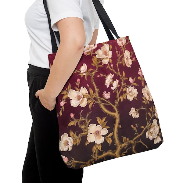 Burgundy Blossom Allure Tote Bag, Floral Aficionado Gift Eco-Friendly Canvas Stylish Book Beach Bag, Reusable Market Tote, #SHP1708
