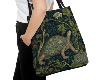Turtle in a Forest Tote Bag | William Morris Inspired Artwork | Stylish Shopping Bag | Forestcore Design Weekend Bag