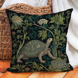 William Morris Turtle Pillow, Turtle in a Forest Pillow Case | Cottagecore, Forestcore, Turtle Floral Botanical Design | Pillow Case Only