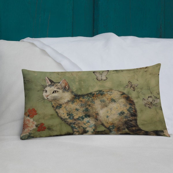 Stunning Cat Green Pillow, Toile de Jouy Style, French Provence Decor, Vintage Floral Design, INSERT INCLUDED