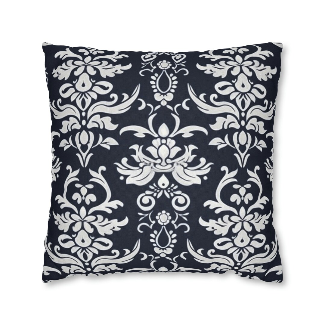 Indigo Damask Pillow Case. White Pattern Print Square Cushion Etsy