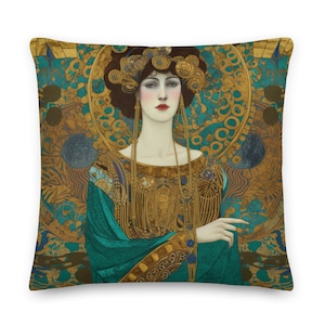 Gold and Teal Pillow, Art Nouveau Decor, Living Room Pillow, Bold Hygieia Pillow | Teal & Gold Reinvented | INSERT INCLUDED