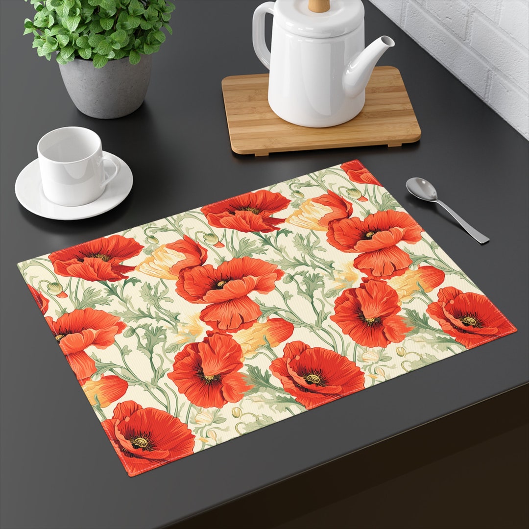 Whimsical Poppies Placemat, Summer Floral Design, Red Green White Decor