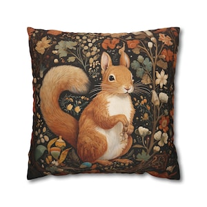 Floral Squirrel Pillow William Morris, Art Nouveau Whimsical Turtle with Flowers Throw Cushion, Unique Gift for Home, Case Only