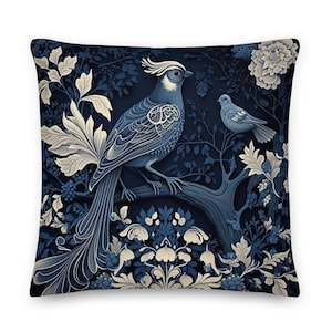Blue & Silver Chinoiserie Pillow with Beautiful Bird Floral Asian Decor - Perfect for Living Room or Bedroom | Insert Included