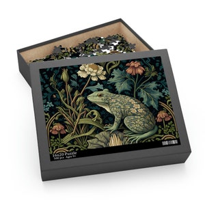 William Morris Inspired Frog in a Forest Jigsaw Puzzle (120, 252, 500-Piece) Cottagecore, Forestcore, Forest Frog Botanical Puzzle Game