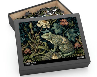 William Morris inspirierter Frosch in einem Waldpuzzle (120, 252, 500-Teile) Cottagecore, Forestcore, Waldfrosch Botanisches Puzzlespiel