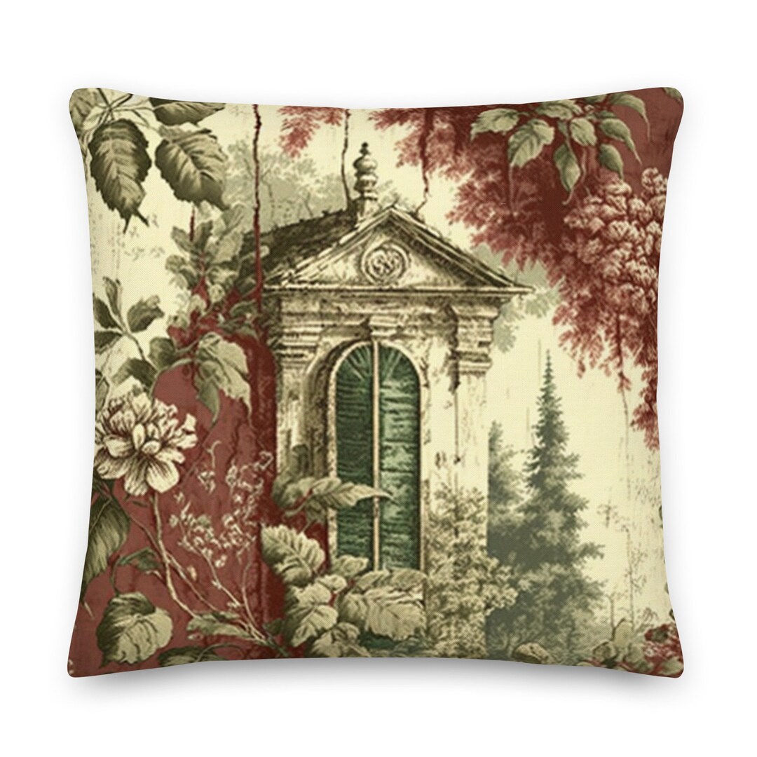 French Country Cottage Throw Pillow, Belgian French Tapestry, Bosporus Brick Red Green Tan Toile