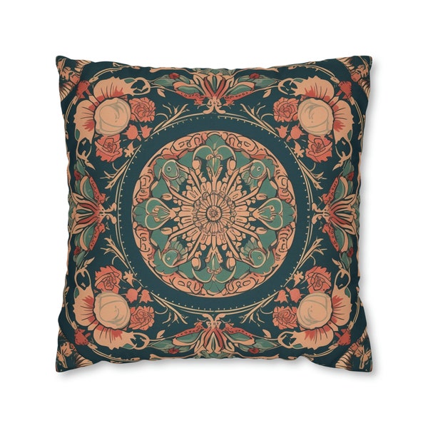 Ornate Mandala Pillow Case | William Morris Style | Deep Teal and Rich Coral | Insert not included