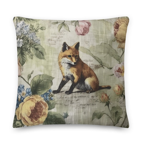 Baby Fox Floral Pillow, French Provence Bosporus Flax, Distressed Look, Sitting Fox Design, Flower Scene, INSERT INCLUDED