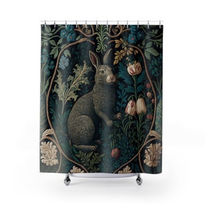 WM Bunny Shower Curtain - William Morris Inspired Rabbit in Forest • Farmhouse Bathroom • Floral Shower Curtain • 71in x 74in