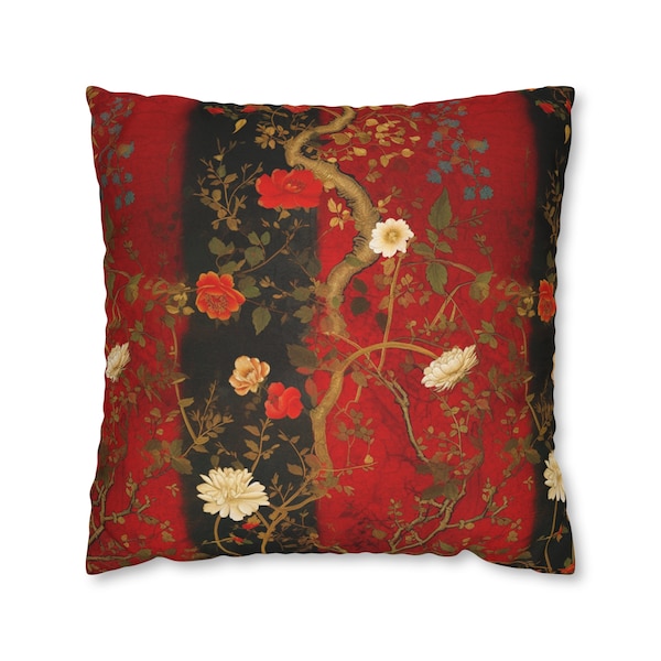 Captivating Asian-Inspired Pillow Cover, Red Black Golden Tree Floral Design, Unique Cushion Decor, Stylish Home Gift for Her, Case Only
