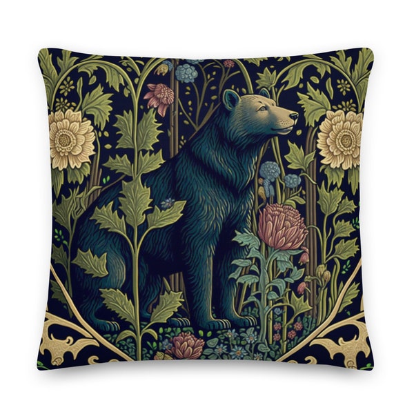 William Morris Inspired Bear in a Forest Pillow | Cottagecore, Forestcore, Forest Bear Floral Botanical Design | INSERT INCLUDED