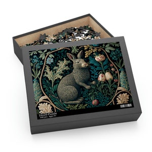 William Morris Inspired Rabbit in a Forest Jigsaw Puzzle (120, 252, 500-Piece) Cottagecore, Forestcore, Easter Bunny Botanical Puzzle Game