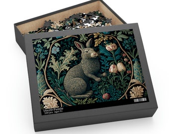 William Morris Inspired Rabbit in a Forest Jigsaw Puzzle (120, 252, 500-Piece) Cottagecore, Forestcore, Easter Bunny Botanical Puzzle Game