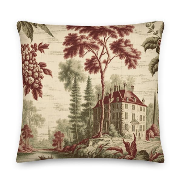 French Country Château Throw Pillow, Belgian French Tapestry, Bosporus Brick Red Green Tan Toile Designer Throw Pillow, Living Room Pillows