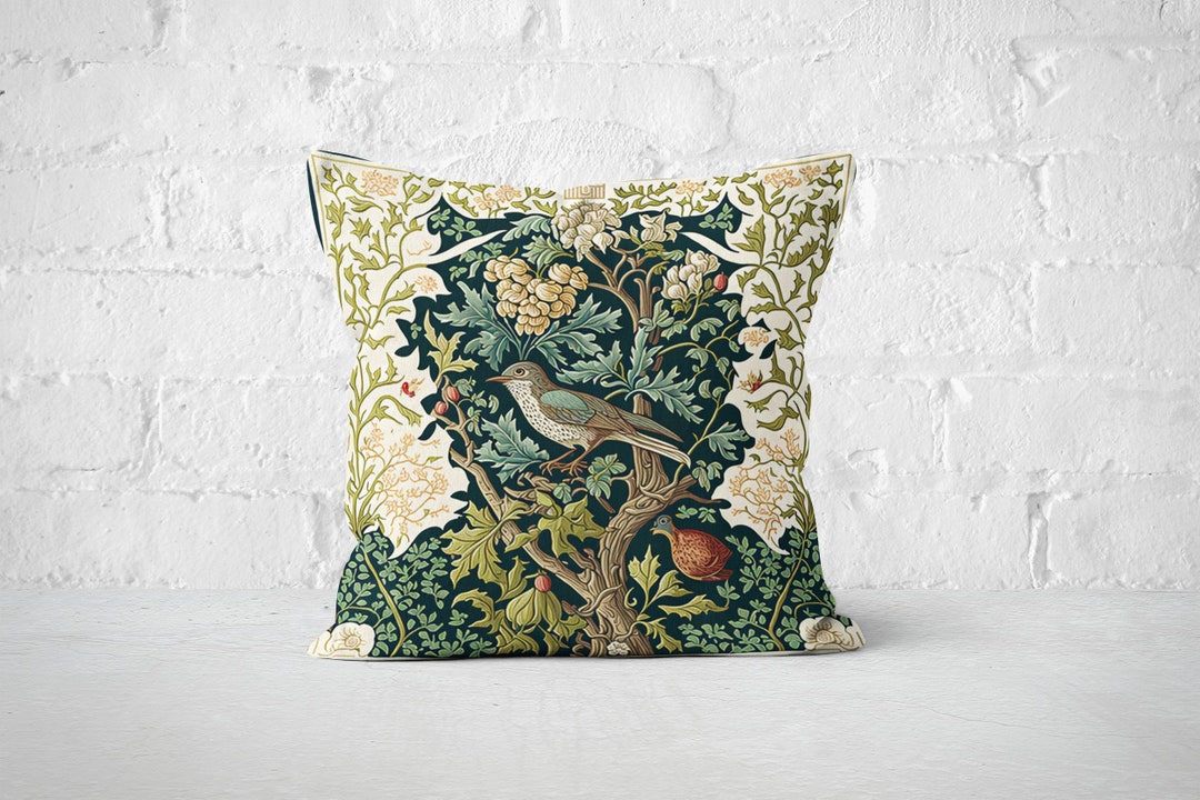 Forestcore Bird Pillow Case, Botanical William Morrisinspired Design