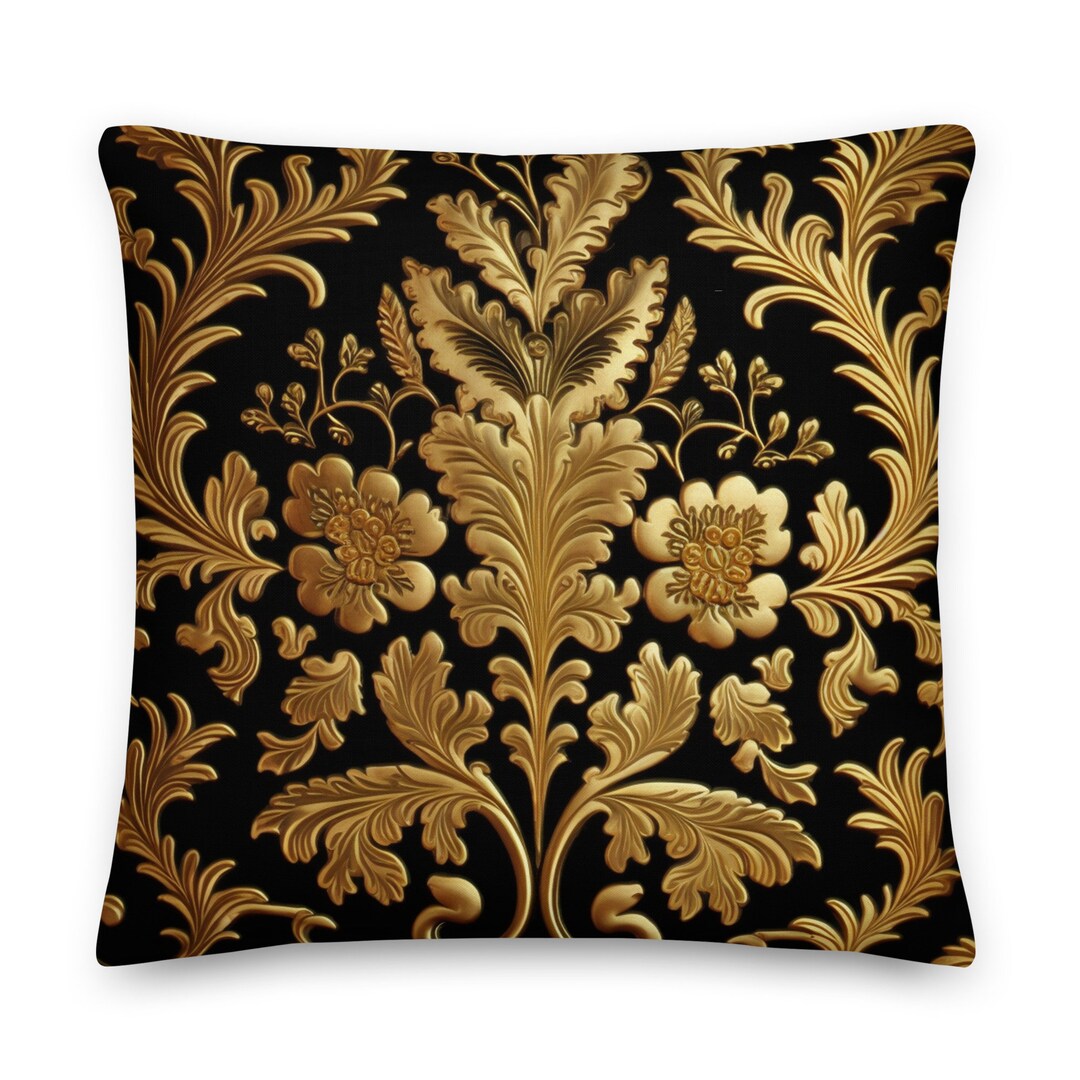 French Damask Pillow. Gold Over Black Embroiderylook Print Throw