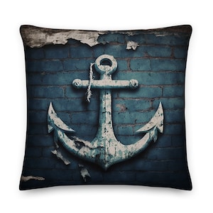 NAUTICAL Ship’s Anchor Pillow, Decorative Pillow, Boat Lovers Coastal Cottage Lake House Decor, Navy Anchor Gifts, Cover & Insert Included