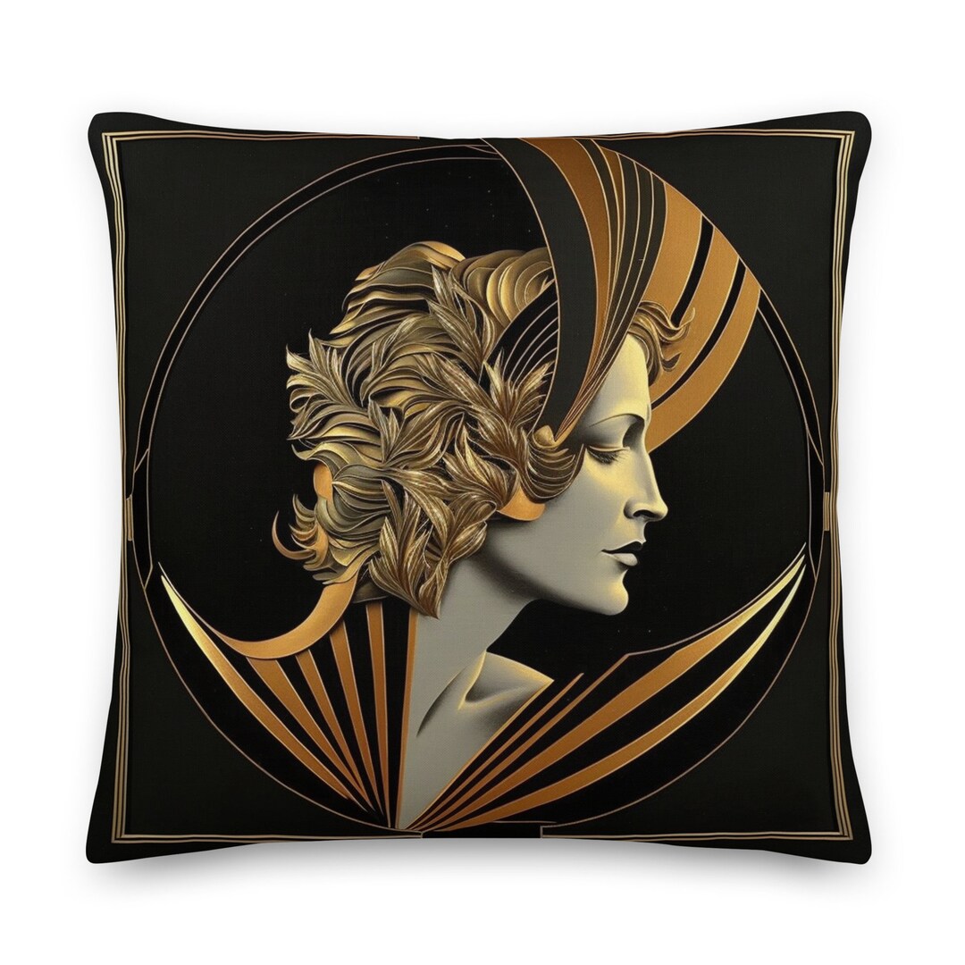 Woman in Gold Art Deco Pillow Designer Deco Accent Cushion, Decorative