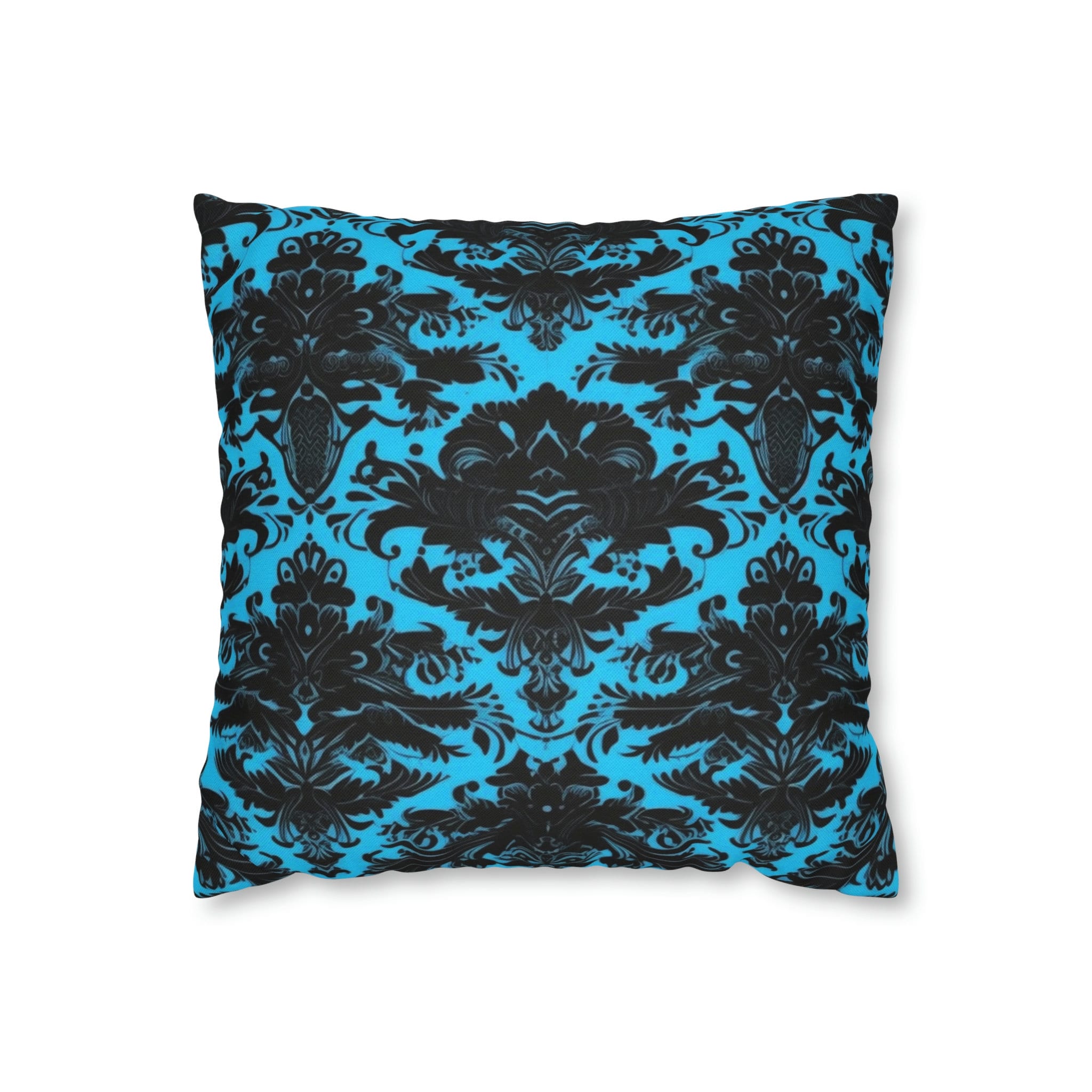 Teal Turquoise Damask Pillow Cover. Black Pattern Print Square