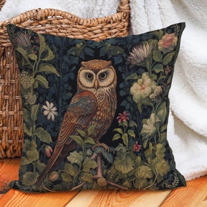 Twilight Vigil Owl Pillow Owl Lover Gift William Morris Inspired Art Nouveau Forest Green Umber, Insert Included