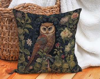 Twilight Vigil Owl Pillow Owl Lover Gift William Morris Inspired Art Nouveau Forest Green Umber, Insert Included