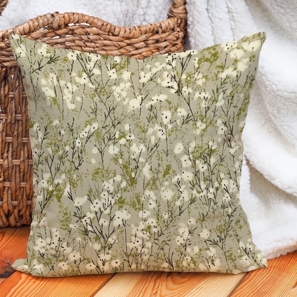 Olive Green and Cream Pillow Case, Post-Impressionist Art Design, Floral Home Decor Accent, Unique Gift for Her Lovers, Case Only