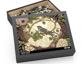 William Morris Inspired Bird in a Forest Jigsaw Puzzle (120, 252, 500-Piece) Cottagecore, Forestcore, Bird in a Forest Botanical Puzzle Game