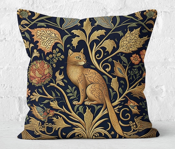 Enchanted Grove Wild Cat Pillow Cat Lover Gift William Morris Inspired Art Nouveau Navy Amber, Insert Included