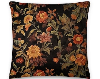 Autumn Floral Pillow, William Morris Inspired, Black Background, Elegant Fall Home Decor, INSERT INCLUDED
