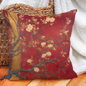 Crimson Sakura Harmony Pillow Asian Zen Cottagecore Red Gold Decorative Cushion, Housewarming Gift, #SHP1665, Insert Included