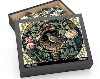 Bird Nest Jigsaw Puzzle William Morris Inspired (120, 252, 500-Piece), Green Botanical, Cottagecore Forestcore Farmhouse Puzzle Game