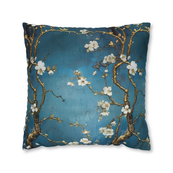 Blue Asian Pillow, Golden Tree with White Flowers Design, Elegant Cushion Decor, Unique Living Room Accent, Perfect Gift for Her, Case Only