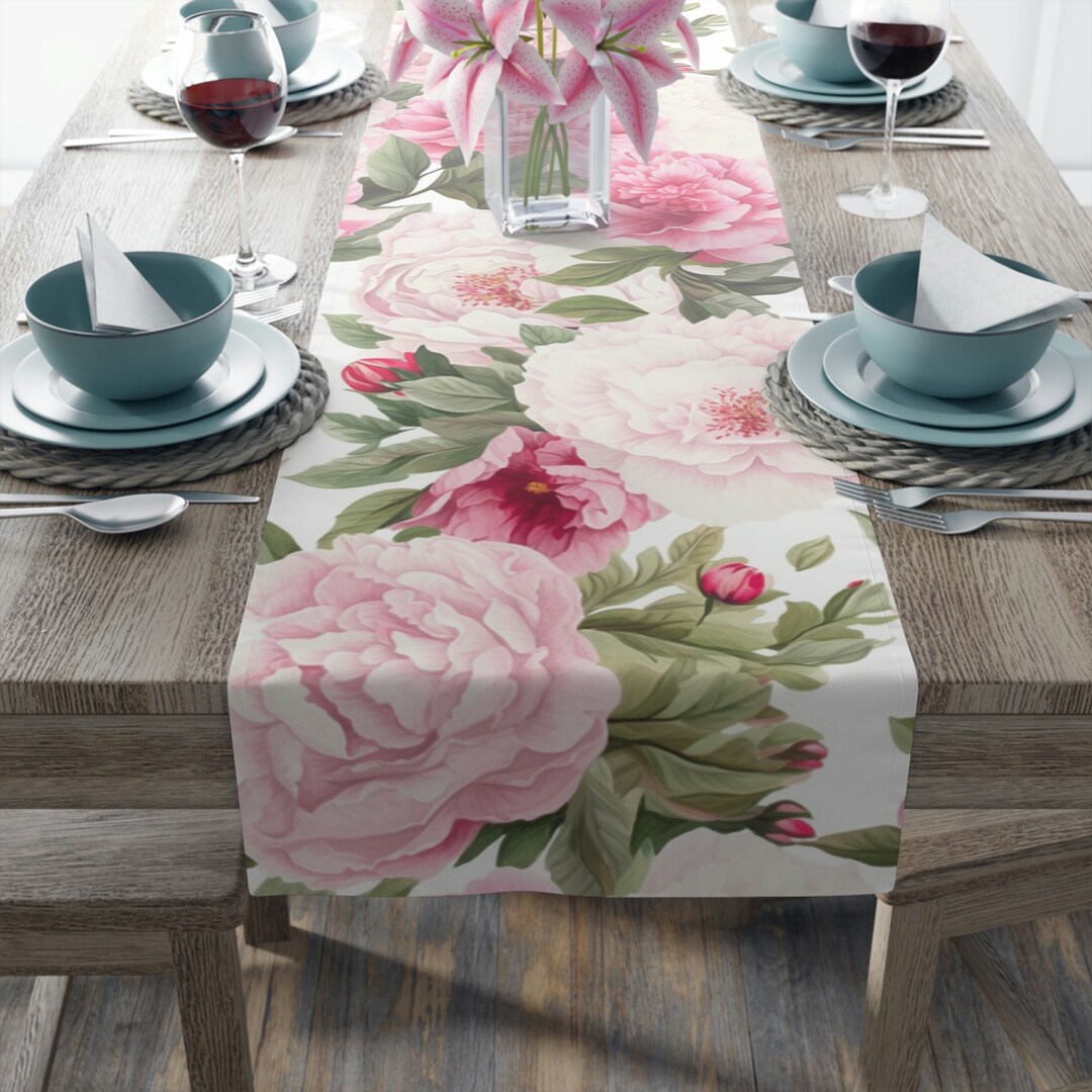 Vivid Pink & White Peonies Table Runner Watercolor Floral Design