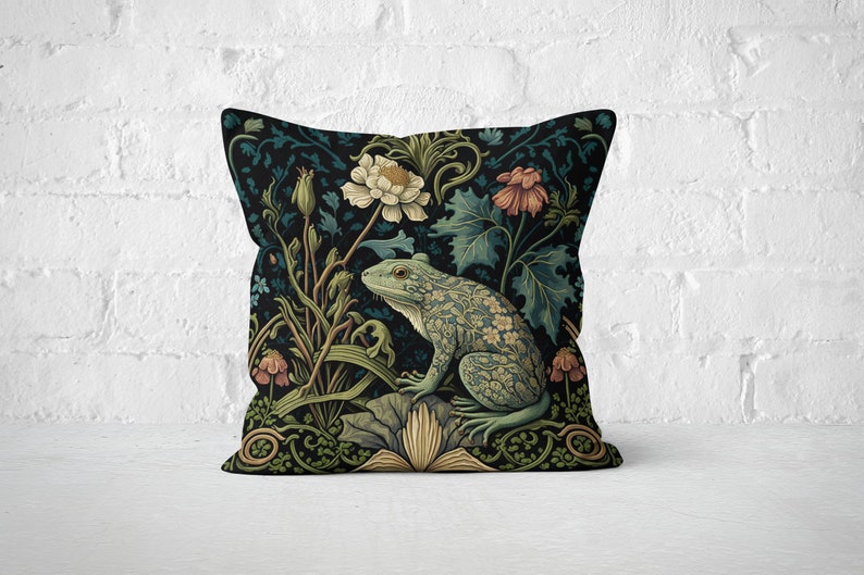 Frog in a Forest Pillow William Morris-Inspired Cottagecore Design Animal Lover Gift 14x14, 16x16, 18x18, 20x20, Pillow Case Only zdjęcie 2