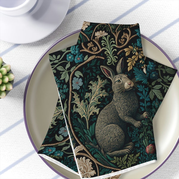 Napkins Set of 4 William Morris Inspired Rabbit in a Forest Napkins | Cottagecore, Forestcore, Easter Bunny Floral Botanical Design