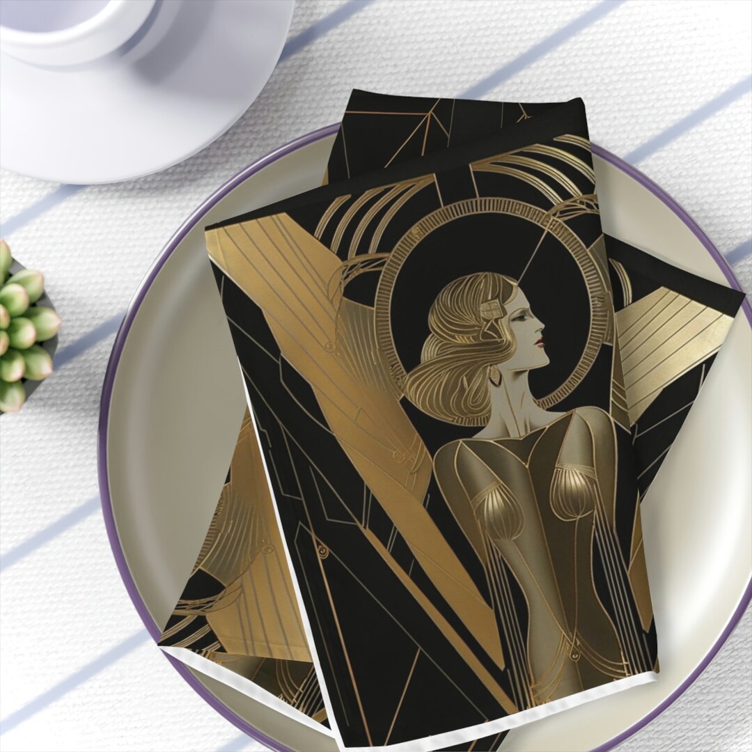 Napkins Set of 4 Lady of the Decade Art Deco Napkins, Gold and Black