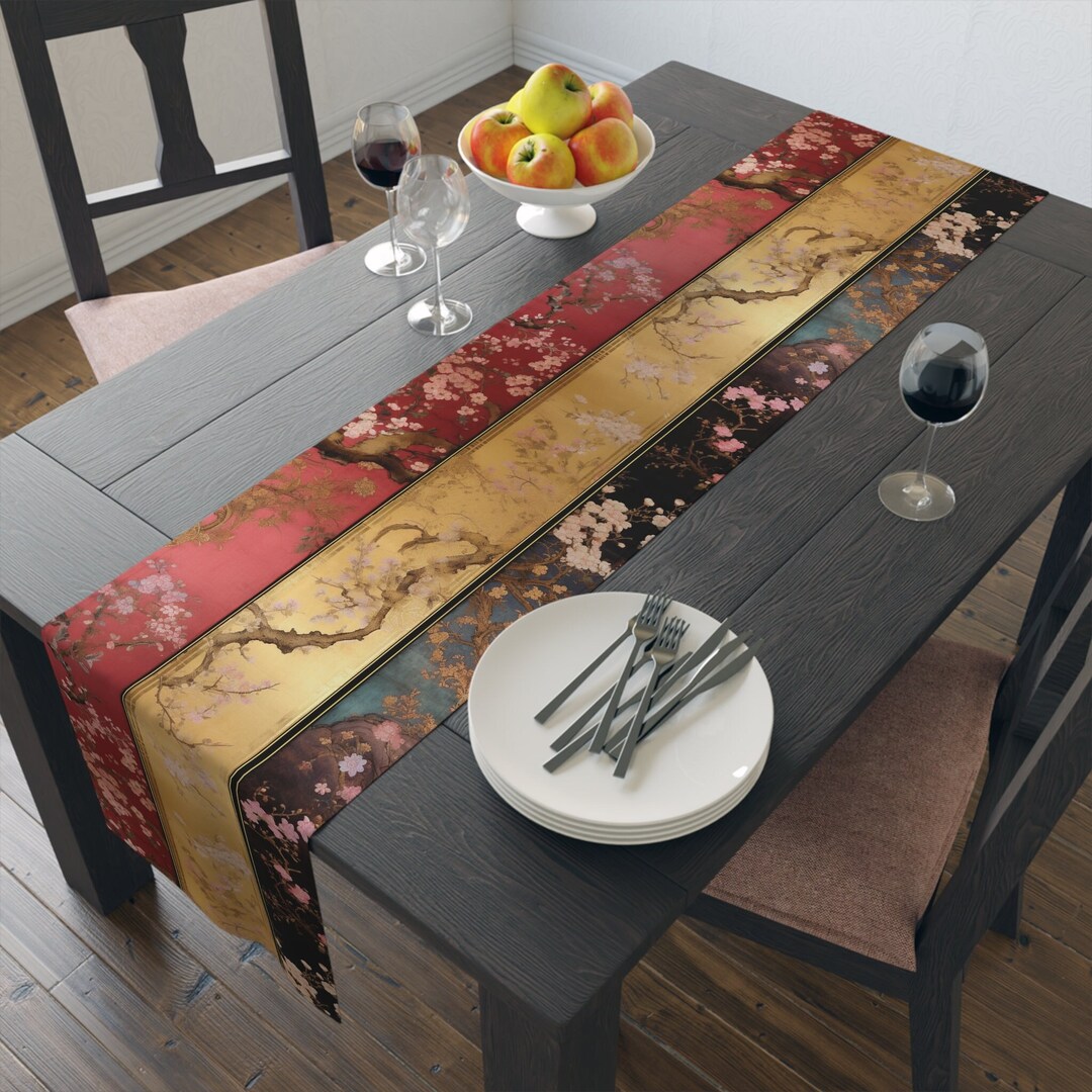 Stunning Designer Asian Table Runner, Crimson Red, Gold, Blue, Black