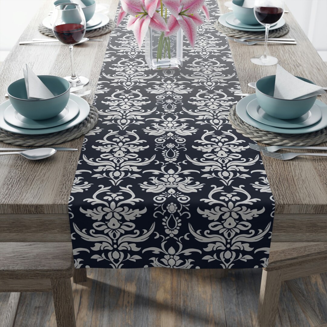 Elegant Damask Pattern Table Runner White and Indigo Design, Chic ...