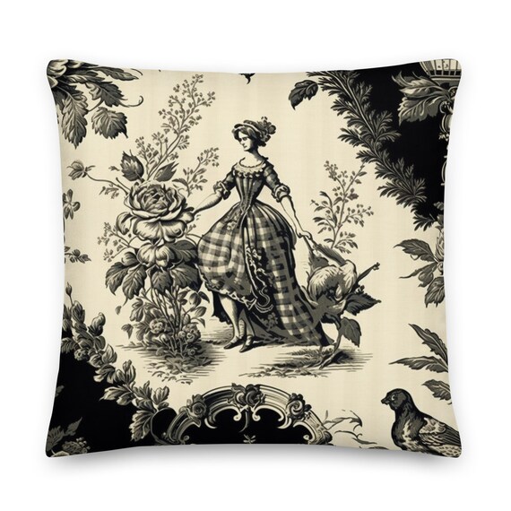 Elegant French Country Cottage Pillow - Black, Cream & Ivory Toile Throw Pillow for Living Room, INSERT INCLUDED