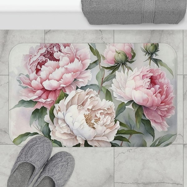 Tapis de bain floral pivoines | Pivoines aquarelles roses et blanches vives | Mousse à mémoire de forme en microfibre | Tapis de bain floral | Tapis de salle de bain