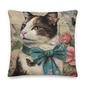 Cat in Blue Bowtie Pillow, Toile de Jouy Style, French Provence Decor, Floral Design, Butterflies, INSERT INCLUDED