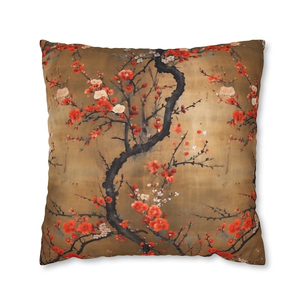 Designer Asian-Inspired Gold Pillow, Golden Theme with Floral Tree Design, High-Quality Living Room Cushion, Unique Gift for Her, Case Only