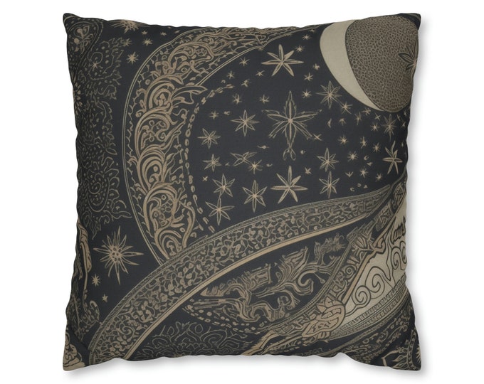 Celestial Moon Pillow Case | William Morris Style | Midnight Black & Shimmering Silver | Insert not included