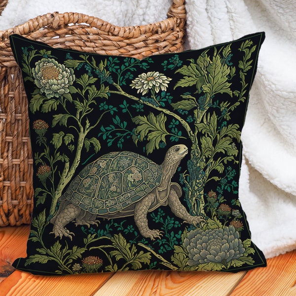 William Morris Turtle Pillow - Timeless Turtle Retreat WM Style Botanical Forest Green & Gold, Tortoise Lover Gift #SHP2055, Insert Included
