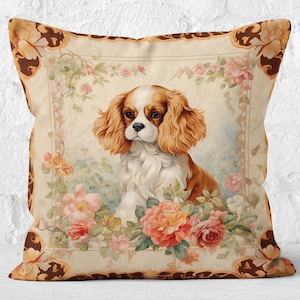 Almohada Cavalier Blossom con diseño floral de King Charles Spaniel, decoración vintage Shabby Chic en crema melocotón, regalo para mamá Spaniel, n.° SHP1822, inserto incluido