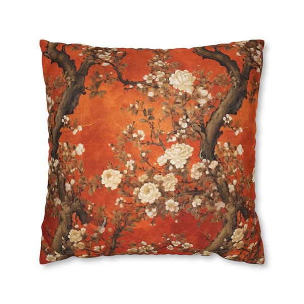 Red and Gold Asian Pillow, White Floral Design, Oriental Cushion Accent, Luxury Bedroom Decor, Unique Gift for Her, Case Only